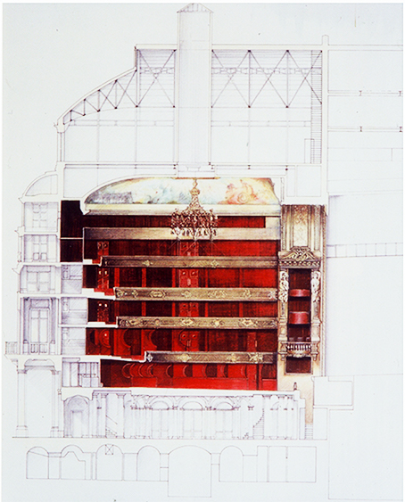 Draw of the chandelier of the French theater in Paris Draw of the chandelier of the French theater in Paris